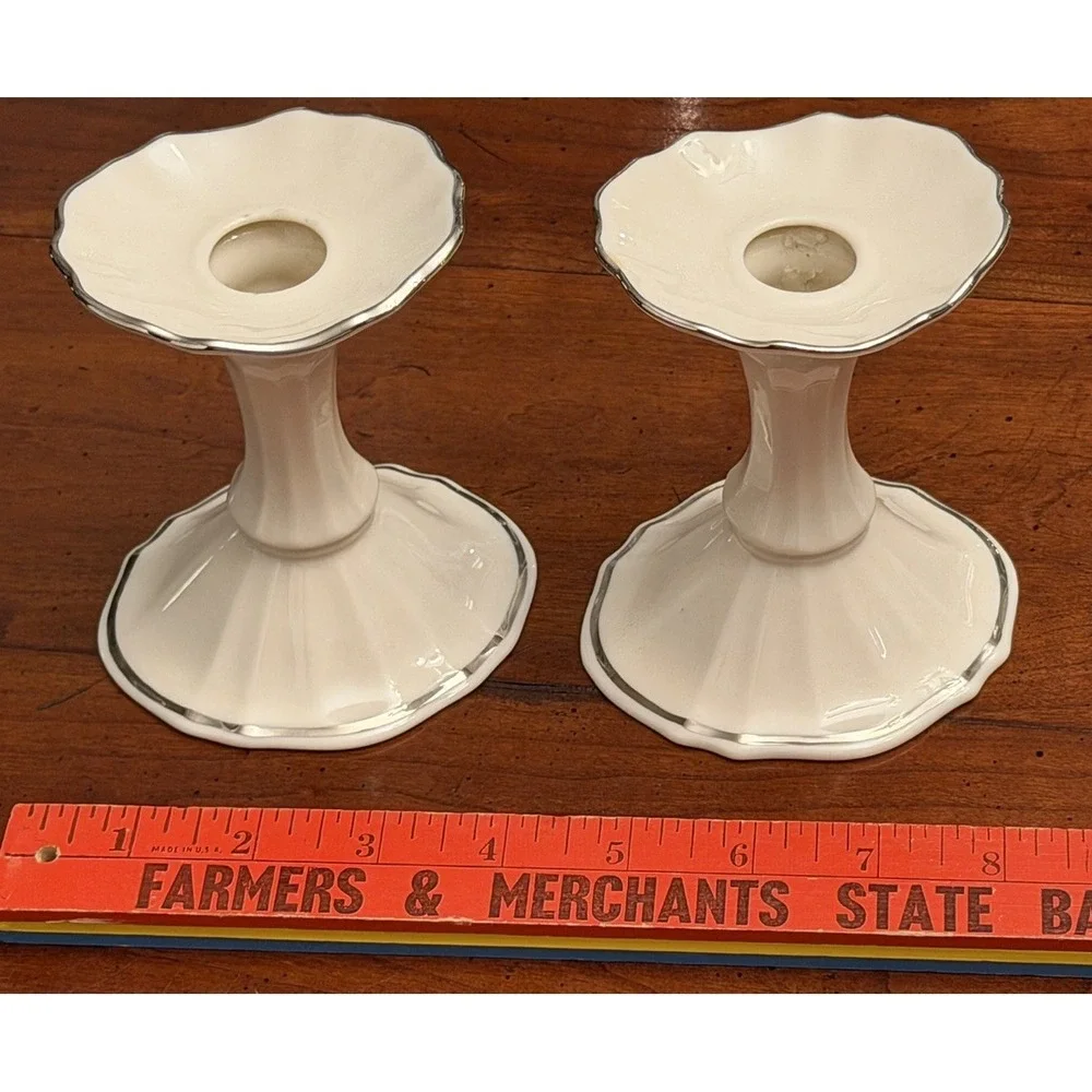 Pair of Vintage‎ Lenox Symphony Candlestick Holders Platinum Trim Ivory 4.5